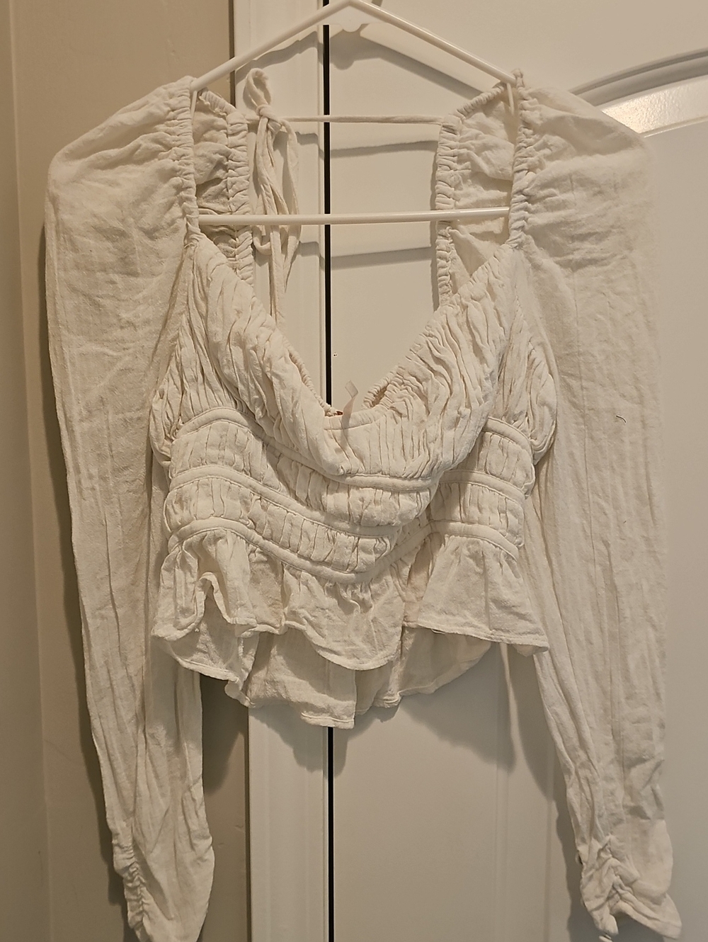 Free People Ivory Ruched Peasant Blouse with Tie Straps